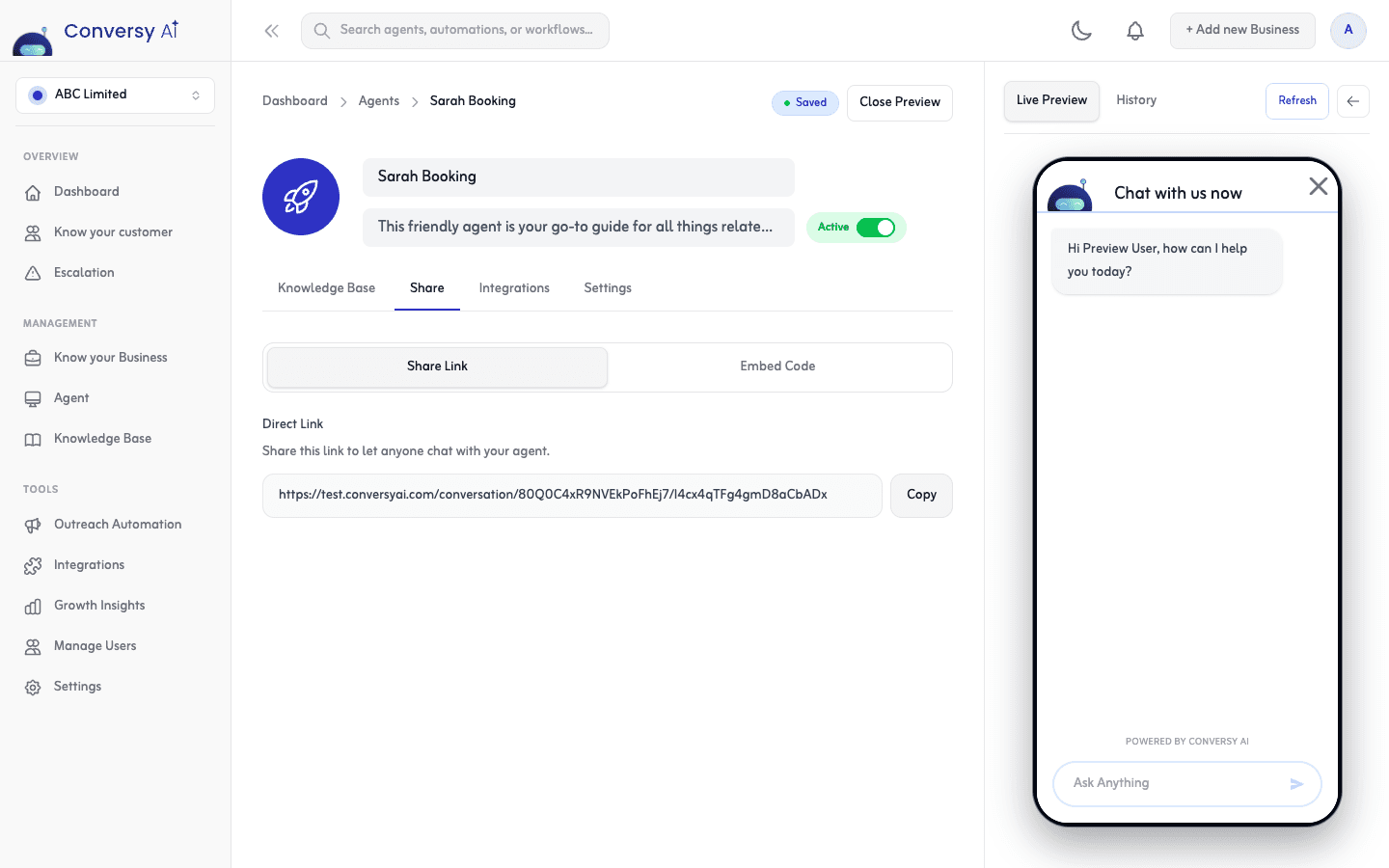 ConversyAI agent management dashboard for configuring customer engagement agents